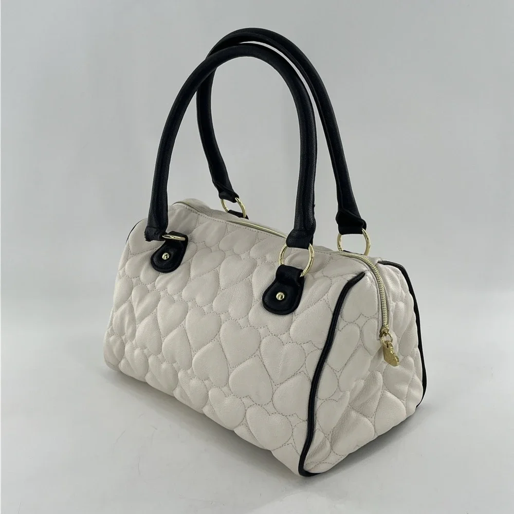 Betsey Johnson Quilted Heart Barrel Satchel Bag Ivory Black Purse Gold Floral